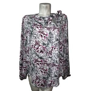 Torrid Womens Floral Keyhole Tie Neck Blouse Purple White Long Sleeve Top Size 1